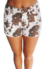 Brown Cow Print Denim Shorts with Pockets LC771811-17