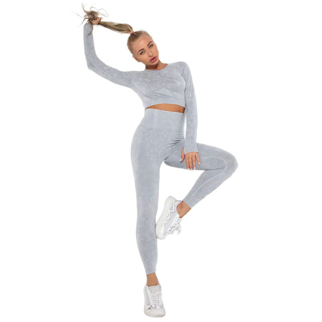 Light Gray Nylon Seamless Long Sleeve Pant Yoga Set TQE91361-112