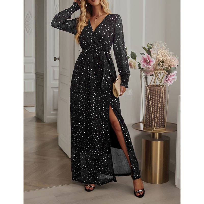 Black Sequin V Neck High Split Maxi Dress TQK311352-2