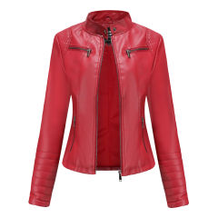 Red Zipper Pockets Long Sleeve PU Leather Jacket TQK280093-3