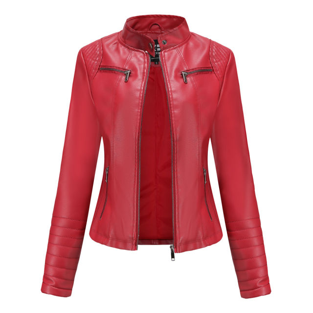 Red Zipper Pockets Long Sleeve PU Leather Jacket TQK280093-3