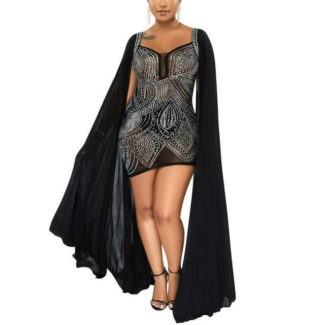 Black Mesh Rhinestone Cape Style long Sleeve Dress TQK310774-2
