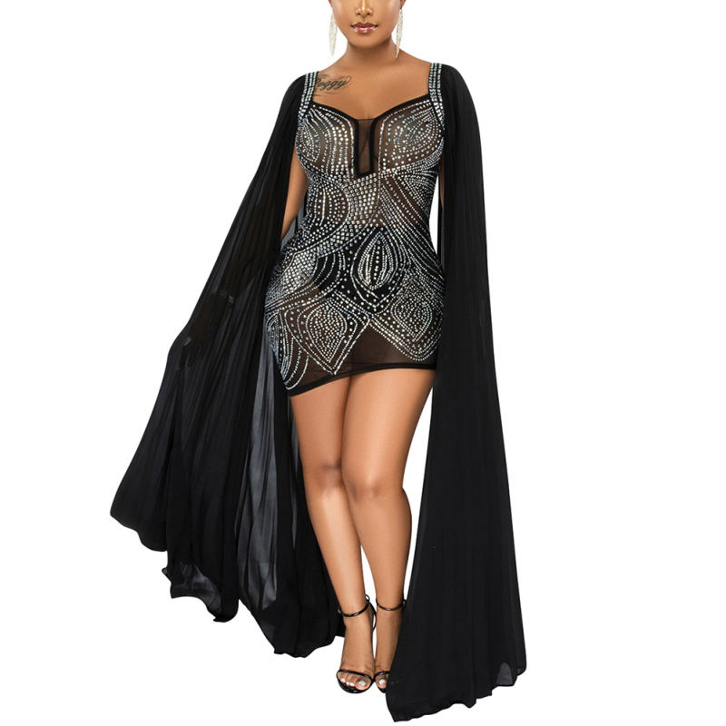 Black Mesh Rhinestone Cape Style long Sleeve Dress TQK310774-2