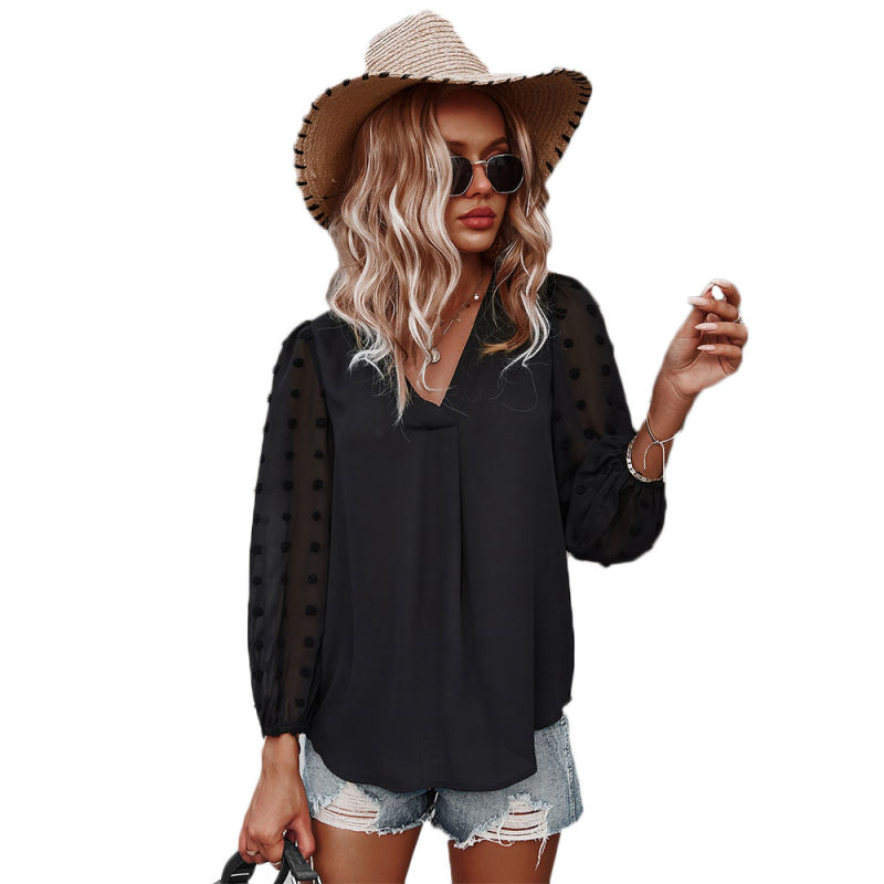 Black V Neck Chiffon Long Sleeve Blouse TQK210640-2