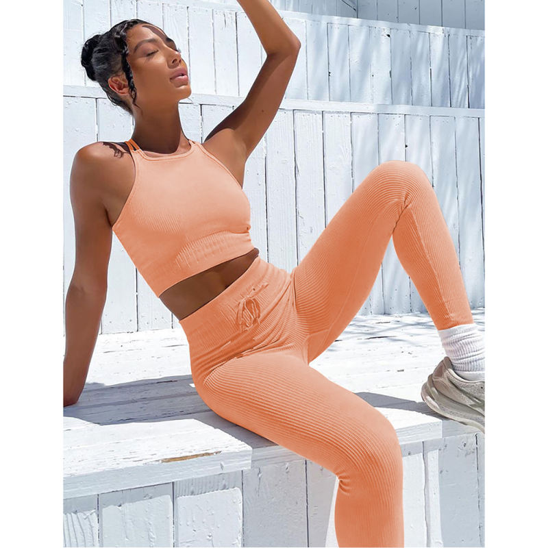 Orange Double Shoulder Straps Yoga Bra Pant Set TQK710427-14
