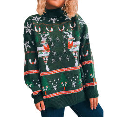 Green Christma Tree Deer Snowflake Print Knit Pullover TQK271415-9