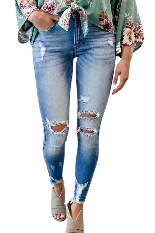 Faded Mid High Rise Jeans with Holes LC78267-4