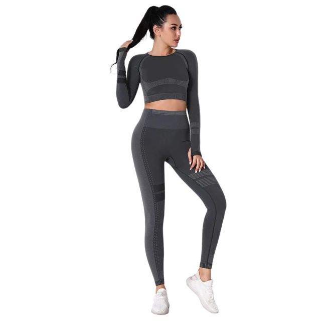 Black Seamless Knit Long Sleeve Pant Yoga Set TQE91372-2