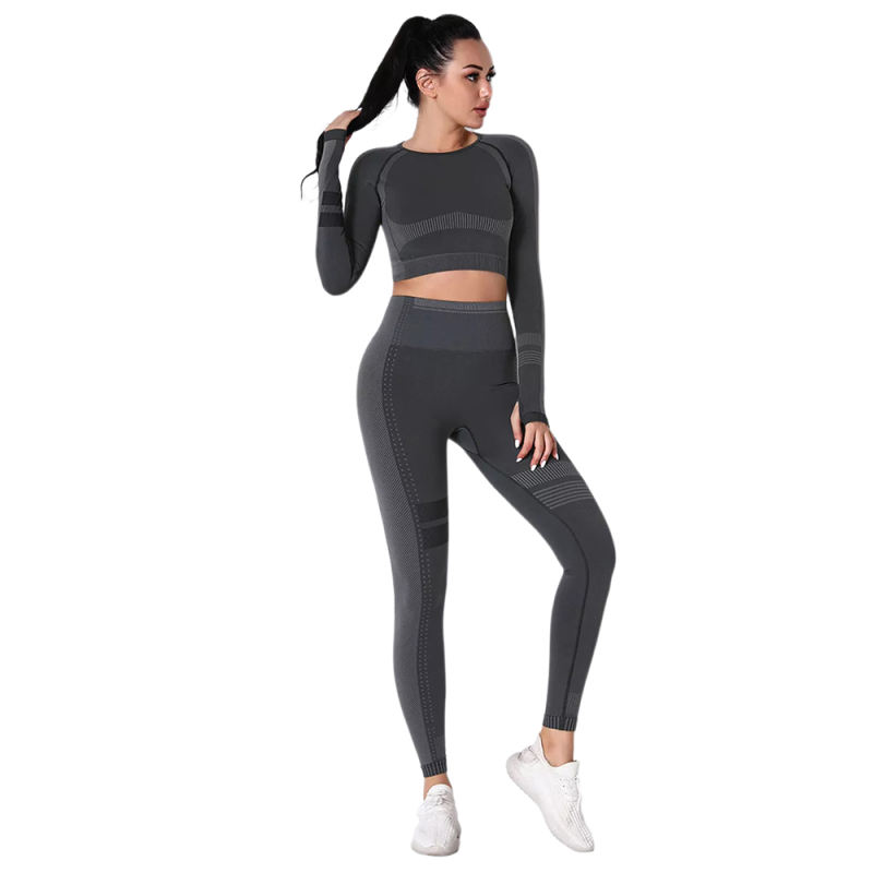 Black Seamless Knit Long Sleeve Pant Yoga Set TQE91372-2
