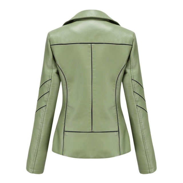Light Green Turn Down Slim Fit PU Leather Jacket TQK280095-28