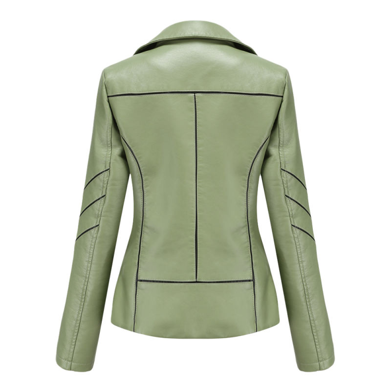 Light Green Turn Down Slim Fit PU Leather Jacket TQK280095-28