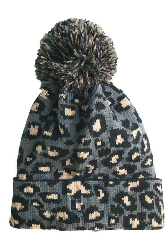 Gray Leopard Pom Beanie LC02113-11