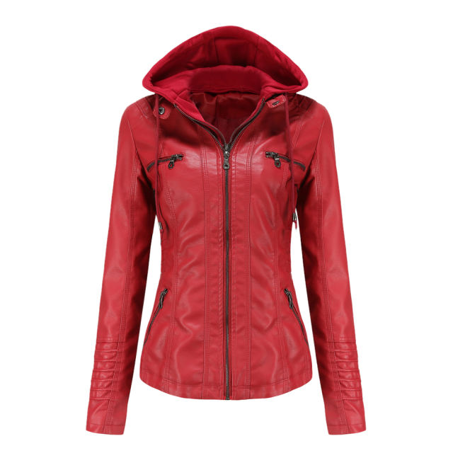 Red Removable Hooded Washed PU Leather Jacket TQK280096-3