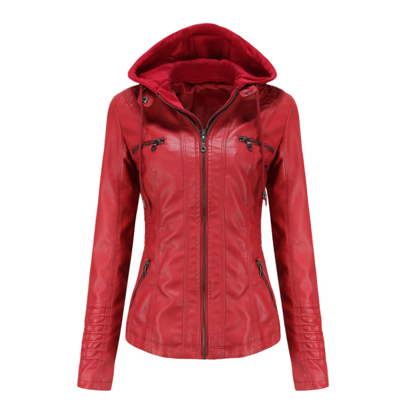 Red Removable Hooded Washed PU Leather Jacket TQK280096-3