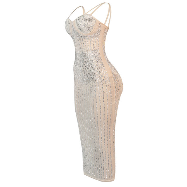 Apricot Mesh Rhinestone Plus Size Sling Dress TQK310775-18
