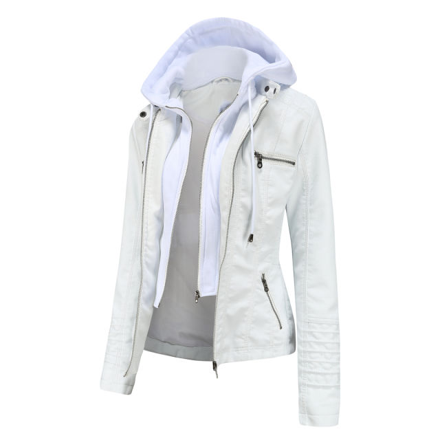White Removable Hooded Washed PU Leather Jacket TQK280096-1