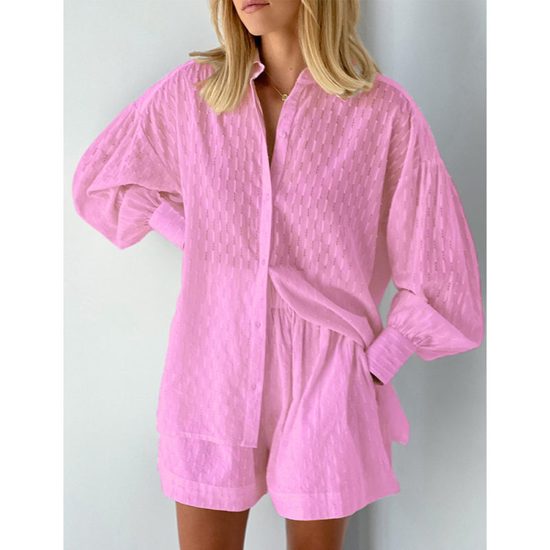 Pink Hollow-out Jacquard Long Sleeve Shirt with Shorts Set TQF711040-10