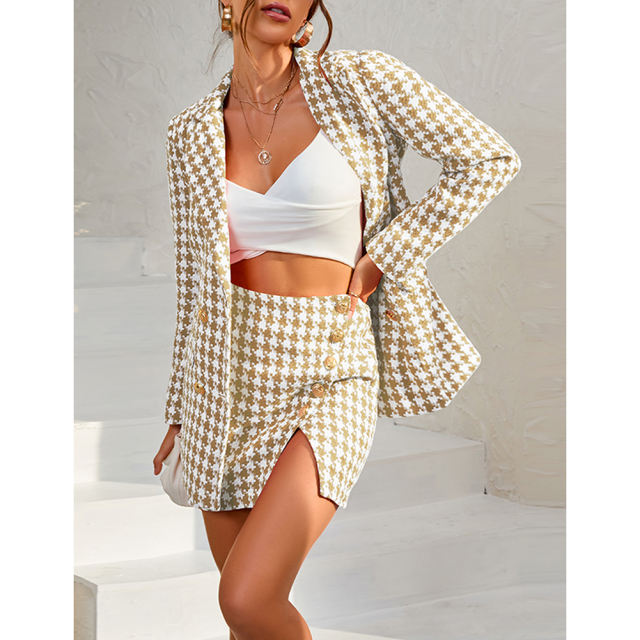 Khaki Plaid Print Blazer and Button Split Skirt Set TQF711046-21