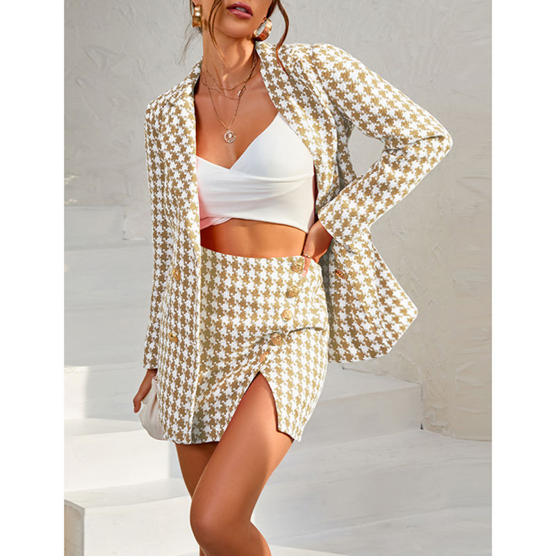 Khaki Plaid Print Blazer and Button Split Skirt Set TQF711046-21