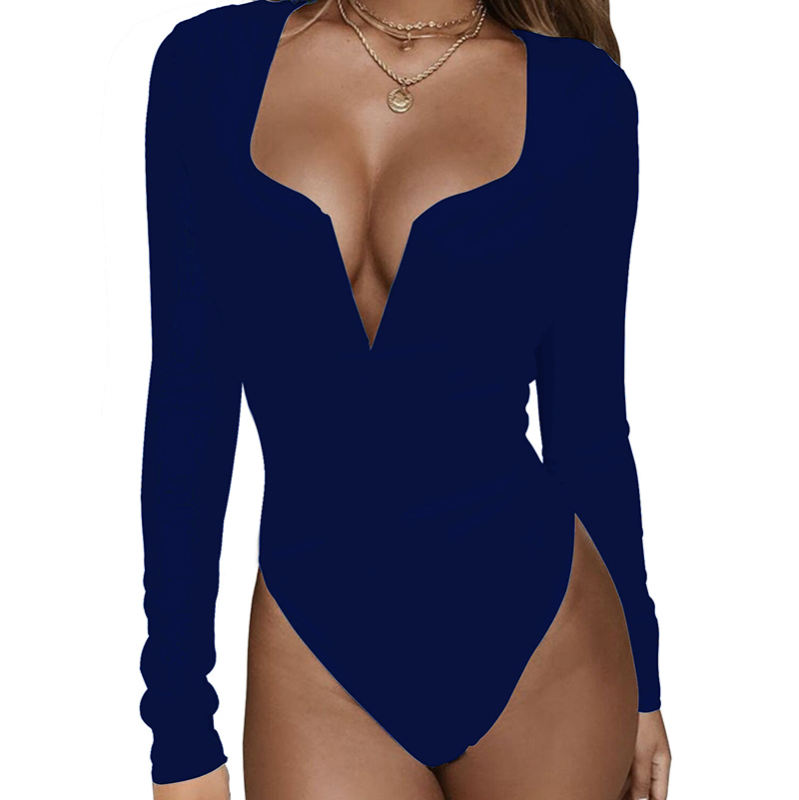 Navy Blue Deep V Long Sleeve Bodysuit TQK550156-34
