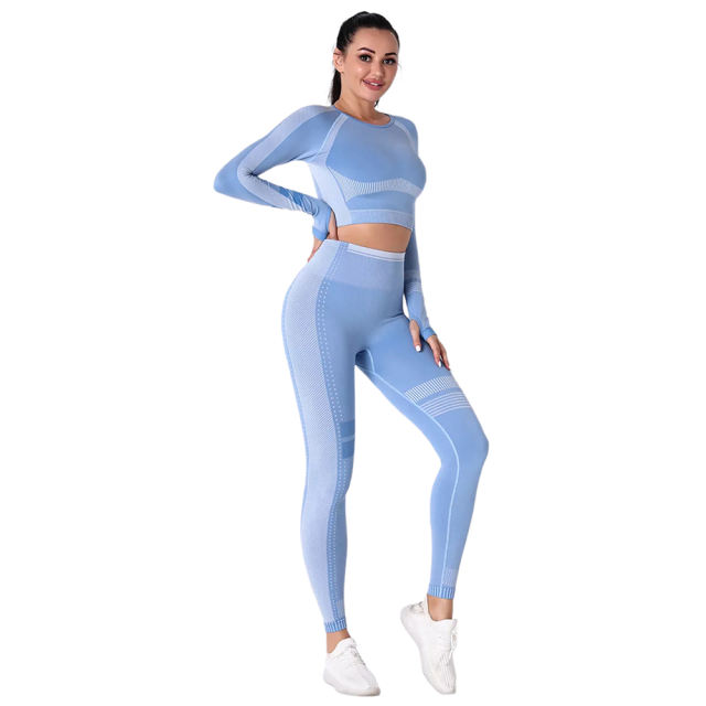 Light Blue Seamless Knit Long Sleeve Pant Yoga Set TQE91372-30