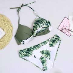Green Leaf Print Halter Bikini Swimsuit TQK610119-9