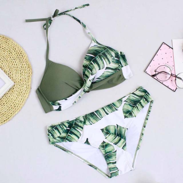 Green Leaf Print Halter Bikini Swimsuit TQK610119-9
