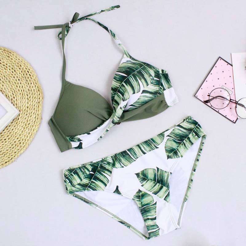 Green Leaf Print Halter Bikini Swimsuit TQK610119-9