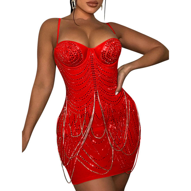 Red Padded Rhinestone Studded Mesh Sling Bodycon Dress TQK311158-3