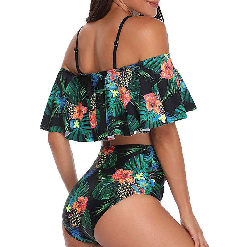 Green Palm Tree Leaf Print High Waist Bikini Swimsuit