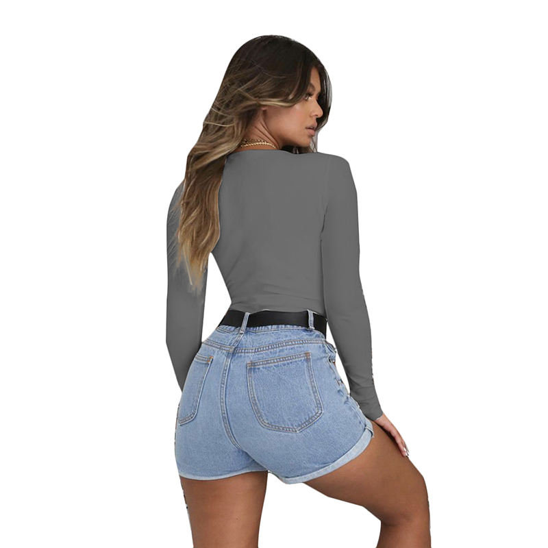 Gray Deep V Long Sleeve Bodysuit TQK550156-11