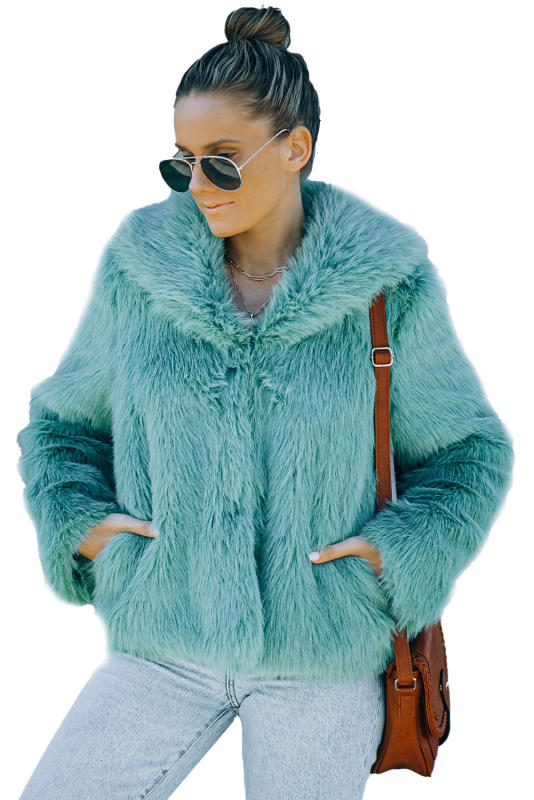 Green Collared Side Pockets Winter Fuzzy Coat LC8512420-9