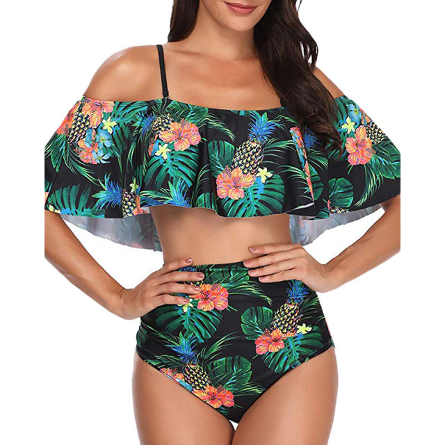 Green Palm Tree Leaf Print High Waist Bikini Swimsuit