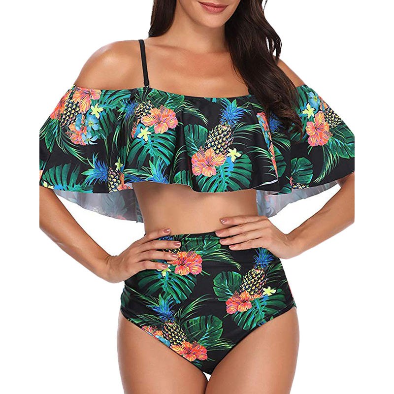 Green Palm Tree Leaf Print High Waist Bikini Swimsuit