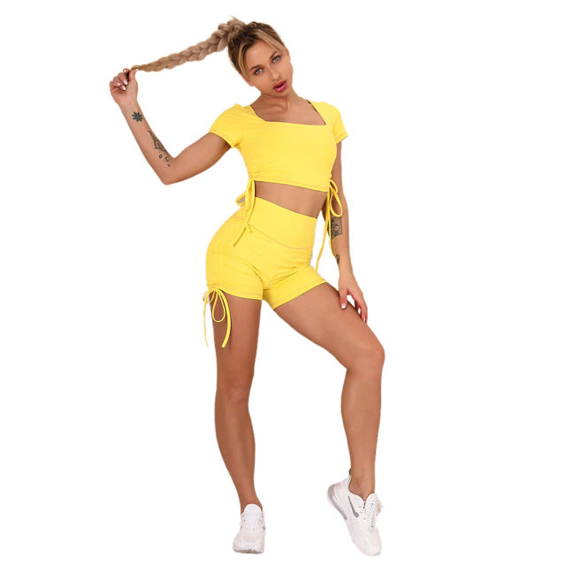 Yellow Sides Drawstring Short Sleeve Yoga Short Set TQK710241-7