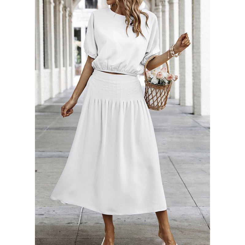 White Pleated Crop Top with Skirt Set TQX711094-1