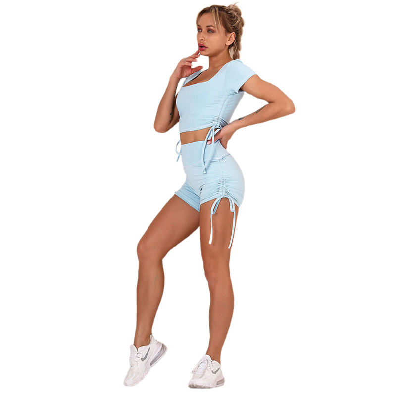Light Blue Sides Drawstring Short Sleeve Yoga Short Set TQK710241-30