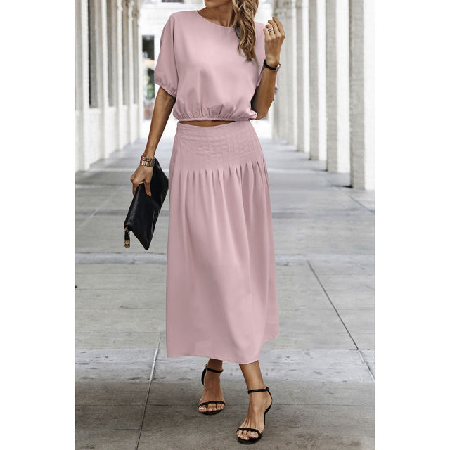 Pink Pleated Crop Top with Skirt Set TQX711094-10