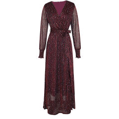 Burgundy Sequin V Neck High Split Maxi Dress TQK311352-23
