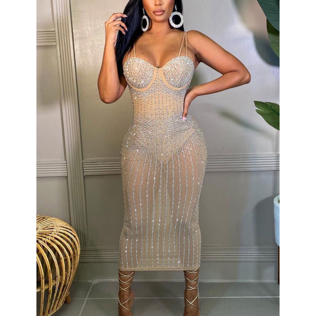 Apricot Mesh Rhinestone Plus Size Sling Dress TQK310775-18