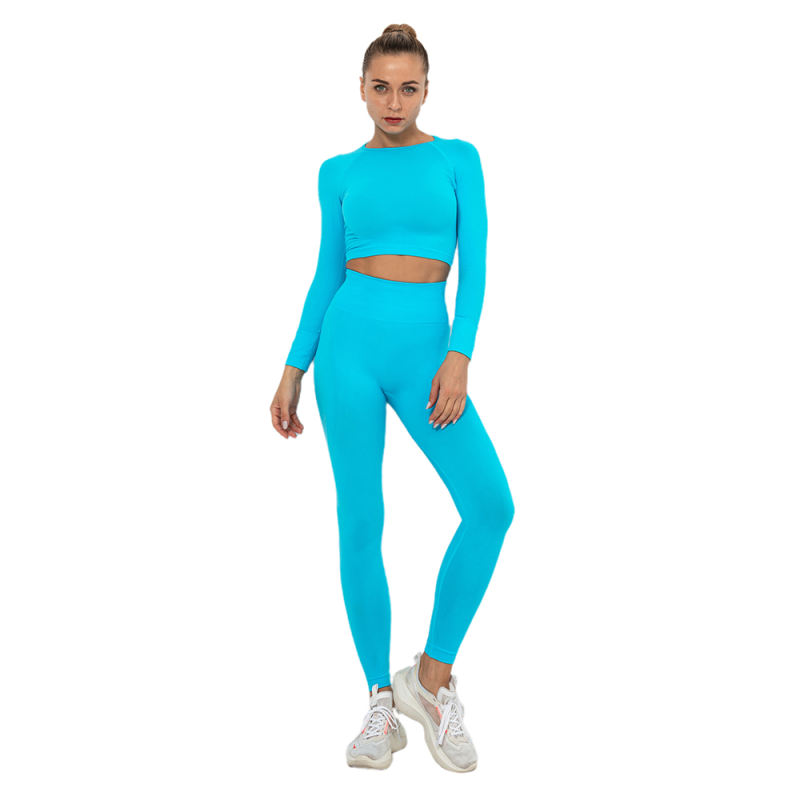 Lake Blue Seamless Long Sleeve Yoga Sports Set TQE00135-110