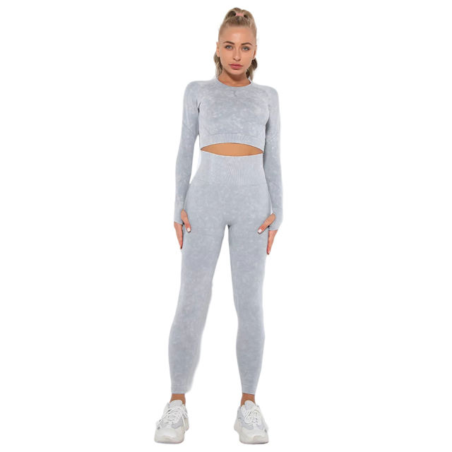 Light Gray Nylon Seamless Long Sleeve Pant Yoga Set TQE91361-112