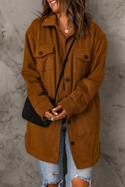 Brown Long Sleeve Pockets Buttoned Shirt Jacket LC8512409-17