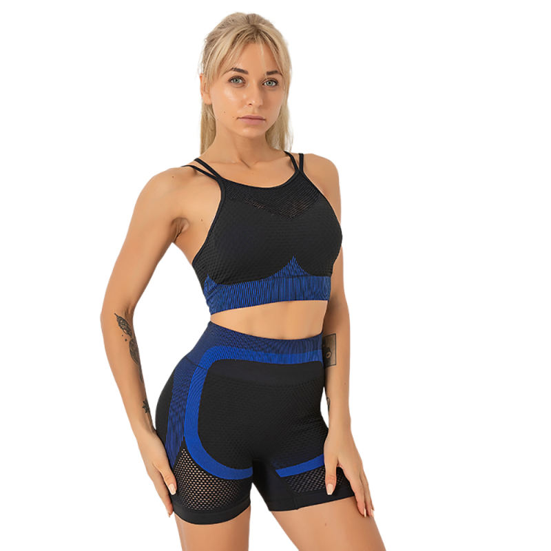 Blue Splice Black Sports Bra With Shorts Set TQK710234-5