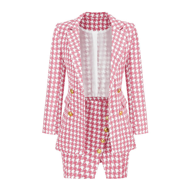 Pink Plaid Print Blazer and Button Split Skirt Set TQF711046-10