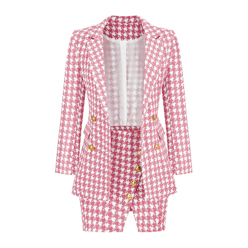 Pink Plaid Print Blazer and Button Split Skirt Set TQF711046-10