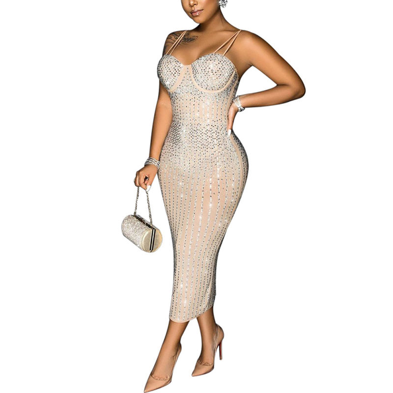 Apricot Mesh Rhinestone Plus Size Sling Dress TQK310775-18