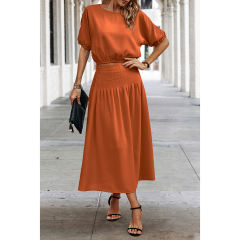 Orange Pleated Crop Top with Skirt Set TQX711094-14