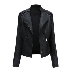 Black Zipper Slim Fit Motorcycle PU Leather Jacket TQK280090-2