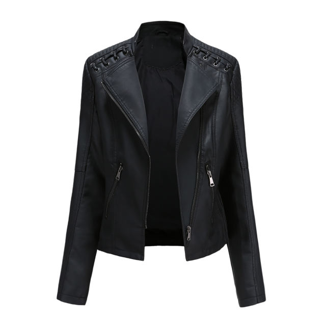 Black Zipper Slim Fit Motorcycle PU Leather Jacket TQK280090-2